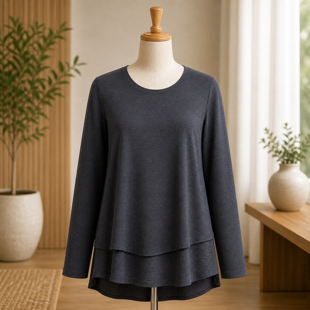 Studio Park Womens XS Slub Knit Long Sleeve Tiered Hem Top Charcoal Gray